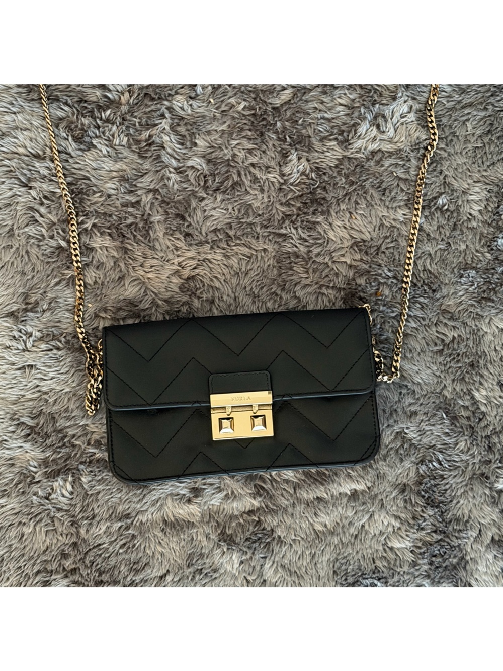 Furla Black Quilted Crossbody with Gold Chain